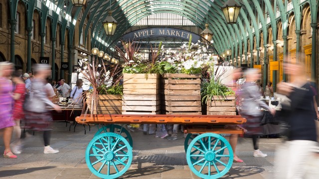 Một chiếc xe đẩy đầy cây xanh ở giữa Chợ Apple của Covent Garden.